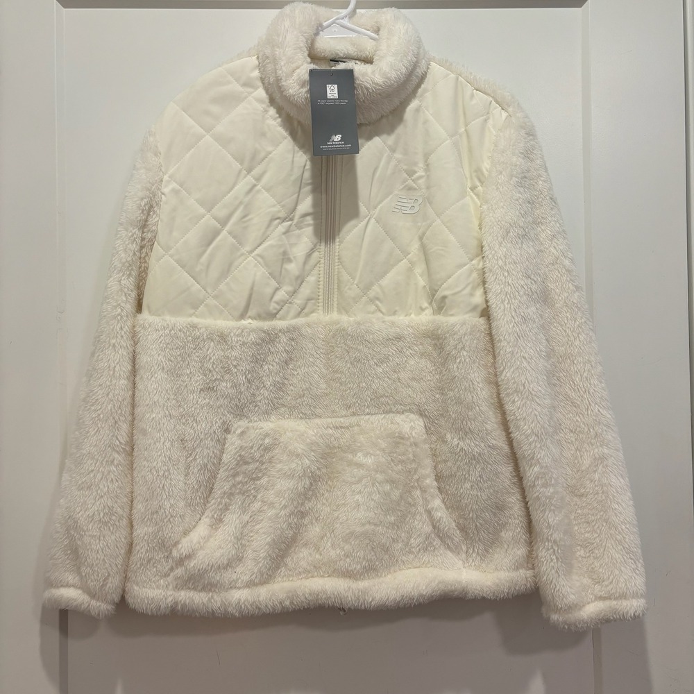 New Balance Sherpa Quarter Zip Pullover Cream Quilted Fleece Sweatshirt Womens M
